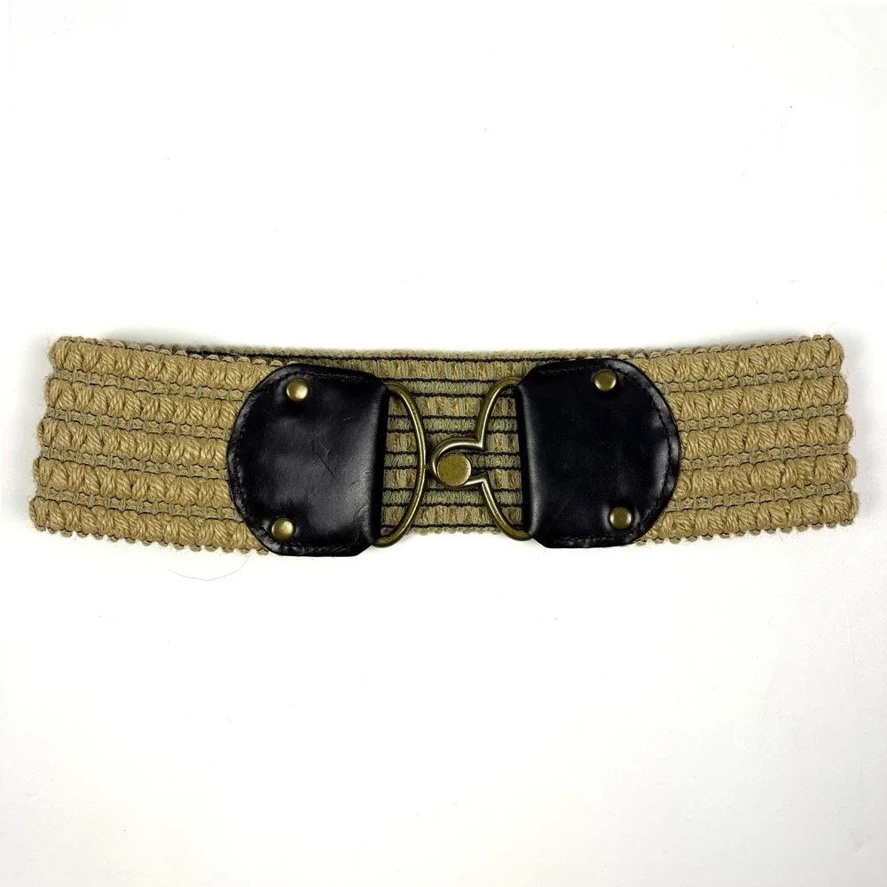 VTG 80s Wide Woven‎ Jute Waist Cinch Belt Womens Sz S/M Brown Genuine Leather